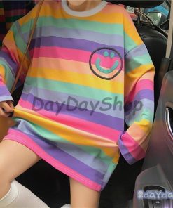 新作 春夏秋 シンプルファッション 学生服 韓国系トップス 虹縞模様長袖Tシャツ 原宿風 ヒップホップ ダンス おしゃれ ストリート K-POP ゆったり