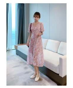 ワンピース レディース 40代 シフォン 花柄 キレイめ マキシ丈ワンピース 春 夏 半袖 着痩せ マキシワンピ Vネック おしゃれ 50代 結婚式 韓国風 30代