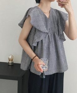 ブラウス レディース 夏 シフォン チェック柄 Vネック シャツ フレア トップス 通勤 OL ゆったり おしゃれ 30代 40代 50代 キレイ 可愛い 新作 大人 上品 韓国風