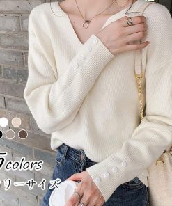 ニット レディース 40代 秋冬 新作 トップス Vネック 長袖 着痩せ カットソー Tシャツ セーター トップス 韓国風 無地 黒 30代 おしゃれ 白 50代