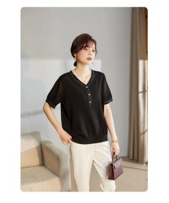 Tシャツ レディース 夏 Vネック 40代 半袖 ニットトップス 無地 ショット丈ニットソー ゆったり カットソー 30代 50代 大人 おしゃれ