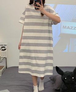 パジャマ レディース 夏 綿 ルームウェア ワンピースタイプ 長袖 女性 可愛い ロング 韓国風 寝巻き 部屋着 ゆったり ボーダー柄