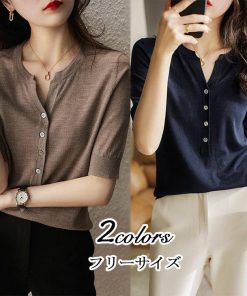 Tシャツ レディース 夏 40代 半袖 ニットトップス 無地Vネック Tシャツ レション ショット丈ニットソー ゆったりカットソー 30代 50代 おしゃれ 大人