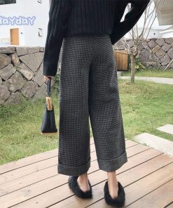 ワイドパンツ レディース 冬 ボトムス パンツ ガウチョパンツ フレアパンツ 九分丈 千鳥格子 厚手 ハイウエスト 黒 おしゃれ ゆったり 着痩せ