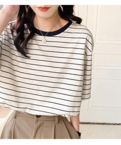 Tシャツ レディース 夏 半袖 綿 クルーネック カットソー トップス ボーダー柄 シンプル 透けない おしゃれ コーデ UVカット きれいめ 20代 30代 コットン 40代