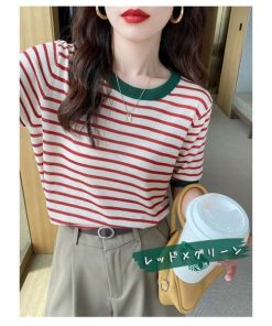 Tシャツ レディース 夏 新作 40代 半袖 ニットトップス ボーダー柄 ショット丈ニットソー ゆったり カットソー 30代 おしゃれ 50代 大人