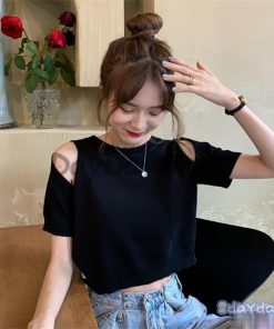 韓国 原宿系 レディース ファッション 肩出し オフショルダー 半袖 Tシャツ カットソー カラフル ダンス 衣装 派手 カワ 個性的 な かわいい 服