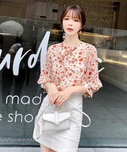 シャツ レディース トップス 夏 フリル Vネック 花柄 シフォン リボン付き おしゃれ 大きいサイズ 着痩せ 韓国風 ゆったり きれいめ 40代 50代 20代 30代