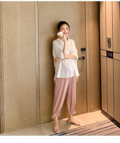 セットアップ マタニティ服 レディース ワイトパンツ 綿 麻 春夏 ママ 大きいサイズ 2点セット 大きいサイズ リボン マタニティーパンツ 妊婦服 40代 30代