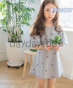 子供ドレス ゆったり 女の子 キッズ 薄手 キッズワンピース ワンピース ストライプ柄 子供服 オフショルダー 夏 半袖ワンピース ジュニア 半袖