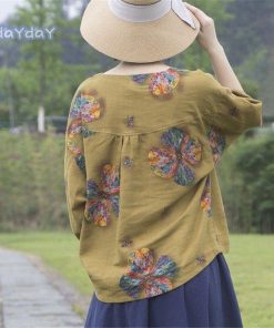 ブラウス 花柄シャツ トップス シャツブラウス 7分丈袖 レディース 花柄 柄 Uネック 綿麻 綿 コットン 前後差 柔らか 通気性 40代 シンプル ゆったり 快適 秋