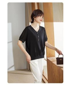 Tシャツ レディース 夏 Vネック 40代 半袖 ニットトップス 無地 ショット丈ニットソー ゆったり カットソー 30代 50代 大人 おしゃれ