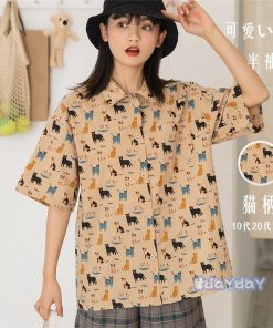 夏 上着 折襟 レディース 猫柄 半袖 半袖シャツ Tシャツ 着痩せ 総柄 ゆったり 10代20代30代40代 体型カバー 開襟シャツ トップス