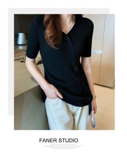 Tシャツ レディース ブラウス きれいめ 40代 春 夏 上品 ニット ストライプ 半袖 Tシャツ トップス オシャレ 韓国風 Tシャツ ゆったり 50代 30代