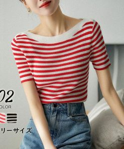 Tシャツ レディース 春夏 新作 40代 半袖 ニットトップス ボーダー柄 ショット丈ニットソー ゆったり カットソー 大人 30代 おしゃれ 50代