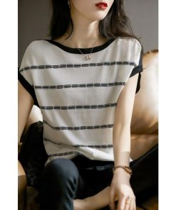 Tシャツ レディース 夏 40代 半袖 ニットトップス ボーダー柄 ショット丈ニットソー 薄手 ゆったり カットソー 50代 30代 おしゃれ 大人