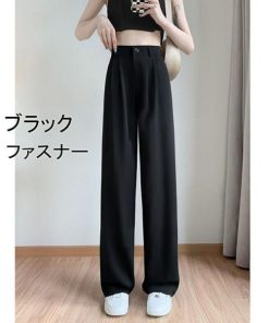 ワイドパンツ レディース ロング丈 黒スラックス スリット ラッパズボン ボトムス ハイウエスト 大きいサイズ ビジネス おしゃれ オフィス 通勤 着痩せ OL