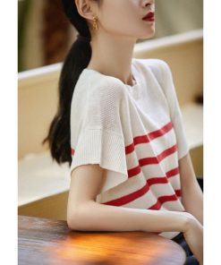 Tシャツ レディース 夏 40代 半袖 ニットトップス ボーダー柄 ニットソー 薄手 ショット丈 ゆったり カットソー 大人 50代 おしゃれ 30代