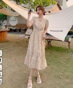 ワンピース レディース  夏 きれいめ マキシワンピース 半袖ワンピース ドット柄vネック シフォン Aラインスカート オシャレ韓国風 大人 30代 40代 50代 通勤OL