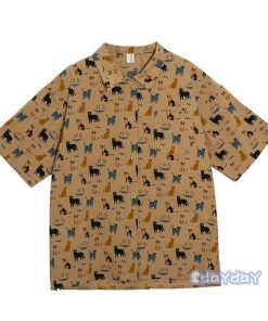 夏 上着 折襟 レディース 猫柄 半袖 半袖シャツ Tシャツ 着痩せ 総柄 ゆったり 10代20代30代40代 体型カバー 開襟シャツ トップス