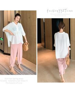 セットアップ マタニティ服 レディース ワイトパンツ 綿 麻 春夏 ママ 大きいサイズ 2点セット 大きいサイズ リボン マタニティーパンツ 妊婦服 40代 30代