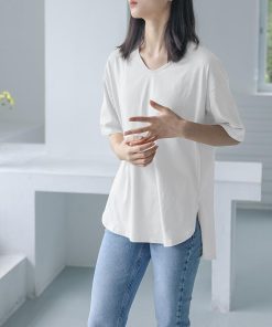 Tシャツ レディース 春夏 40代 半袖 Vネック ニットトップス 白Tシャツ 無地 綿 ショット丈ニットソー ゆったり カットソー おしゃれ 50代 大人 30代