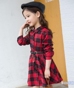 子供服 ワンピース キッズ 女の子 秋着 長袖 シャツワンピース 膝丈 子供ドレス Dress 韓国子供服 チェック柄 ベルト付き 新品 おしゃれ 可愛い カジュアル