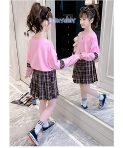 子供服 セットアップ 女の子 長袖 春秋 秋着 上下セット 韓国子供服 キッズ ジュニア トップス 丸首 スカート 膝上丈  通学着 可愛い おしゃれ 新品