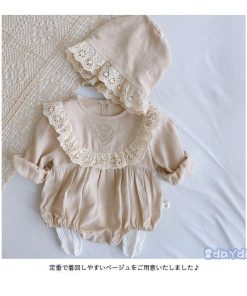 ロンパース ベビー キッズ つなぎ服 女の子 春 夏 長袖 コットン レース 無地 コンビネーション おしゃれ 可愛い 子供服 カジュアル オールインワン