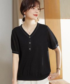 Tシャツ レディース 夏 Vネック 40代 半袖 ニットトップス 無地 ショット丈ニットソー ゆったり カットソー 30代 50代 大人 おしゃれ