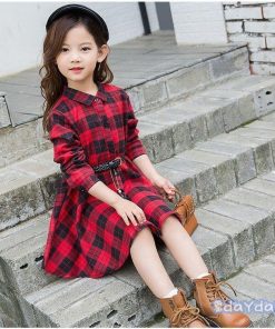 子供服 ワンピース キッズ 女の子 秋着 長袖 シャツワンピース 膝丈 子供ドレス Dress 韓国子供服 チェック柄 ベルト付き 新品 おしゃれ 可愛い カジュアル