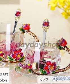 ティーカップセット ティーカップ 蓋 スプーン 蓋つき 花柄 装飾 グラス 透明 クリア ガラス イエロー レッド プレゼント お祝い