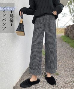 ワイドパンツ レディース 冬 ボトムス パンツ ガウチョパンツ フレアパンツ 九分丈 千鳥格子 厚手 ハイウエスト 黒 おしゃれ ゆったり 着痩せ