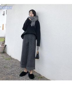 ワイドパンツ レディース 冬 ボトムス パンツ ガウチョパンツ フレアパンツ 九分丈 千鳥格子 厚手 ハイウエスト 黒 おしゃれ ゆったり 着痩せ