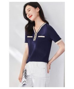 Tシャツ レディース 夏 Vネック 40代 半袖 ニットトップス 無地 ショット丈ニットソー ゆったり カットソー 30代 50代 大人 おしゃれ