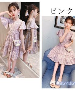 子供服 ワンピース キッズ 夏ワンピ 花柄 半袖 女の子 ワンピー 可愛い 膝丈上 ギフトバッグ 純綿 子供 ワンピース 夏着 ブルー ピンク 120-170 フラワーガール