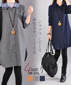 シャツワンピース レディース きれいめ 秋 チュニックワンピース 長袖 Aライン ロングシャツ ドット柄 体型カバー 大きいサイズ 40代 Xd-ab-0103 可愛い 30代