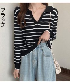 Tシャツ レディース 40代 ニット Vネック 春夏 韓国風 長袖 ボーダー柄 ニット 20代 30代 50代 トップス 大きいサイズ おしゃれ ゆったり 体型カバー 大人