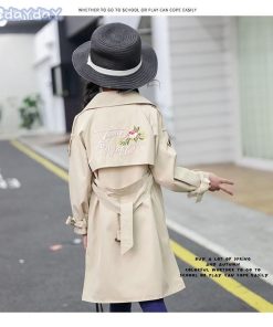 女の子 子供コート 韓国 子供服 刺繍花柄 ボリュームスリーブトレンチコート キッズ服 トレンチコート リボン付きキッズコート スプリングコート トレンチコート