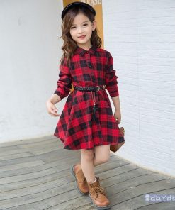 子供服 ワンピース キッズ 女の子 秋着 長袖 シャツワンピース 膝丈 子供ドレス Dress 韓国子供服 チェック柄 ベルト付き 新品 おしゃれ 可愛い カジュアル