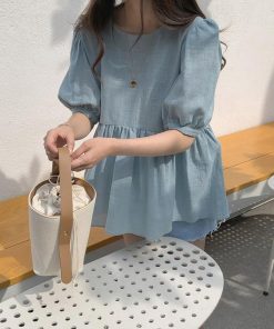 ブラウス レディース シャツ ブラウス 夏 韓国風 プリーツ 大きいサイズ バルーンスリーブ パフスリーブ 綿 コットン 麻 おしゃれ ゆったり 着痩せ リネン