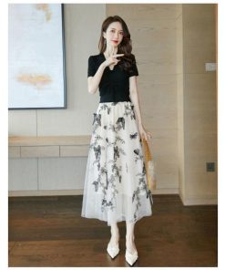 セットアップ レディース 夏 40代 マキシワンピース 半袖Tシャツ Vネック 花柄 チュールスカート セットアップ オシャレ 大人 上品 30代 50代 ドレス 結婚式