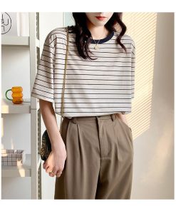 Tシャツ レディース 夏 半袖 綿 クルーネック カットソー トップス ボーダー柄 シンプル 透けない おしゃれ コーデ UVカット きれいめ 20代 30代 コットン 40代