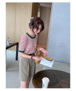 Tシャツ レディース 夏 新作 40代 半袖 ニットトップス ボーダー柄 ショット丈ニットソー ゆったり カットソー 30代 おしゃれ 50代 大人