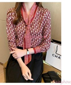 ブラウス レディース 長袖ブラウス 秋服 オフィスブラウス リボンネック オシャレブラウス プリントトップス 韓国風 大人 上品 50代 ゆったりシャツ 40代 通勤OL