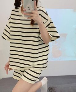 パジャマ ルームウェア レディース 夏 綿 半袖 ボーダー柄 大きいサイズ ショットパンツ 上下セット 可愛い 部屋着 女性 寝間着 韓国風
