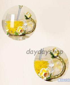 ティーカップセット ティーカップ 蓋 スプーン 蓋つき 花柄 装飾 グラス 透明 クリア ガラス イエロー レッド プレゼント お祝い