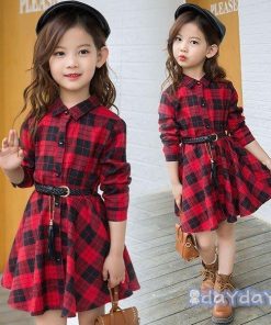 子供服 ワンピース キッズ 女の子 秋着 長袖 シャツワンピース 膝丈 子供ドレス Dress 韓国子供服 チェック柄 ベルト付き 新品 おしゃれ 可愛い カジュアル