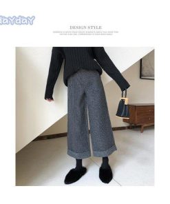 ワイドパンツ レディース 冬 ボトムス パンツ ガウチョパンツ フレアパンツ 九分丈 千鳥格子 厚手 ハイウエスト 黒 おしゃれ ゆったり 着痩せ