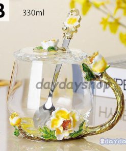 ティーカップセット ティーカップ 蓋 スプーン 蓋つき 花柄 装飾 グラス 透明 クリア ガラス イエロー レッド プレゼント お祝い